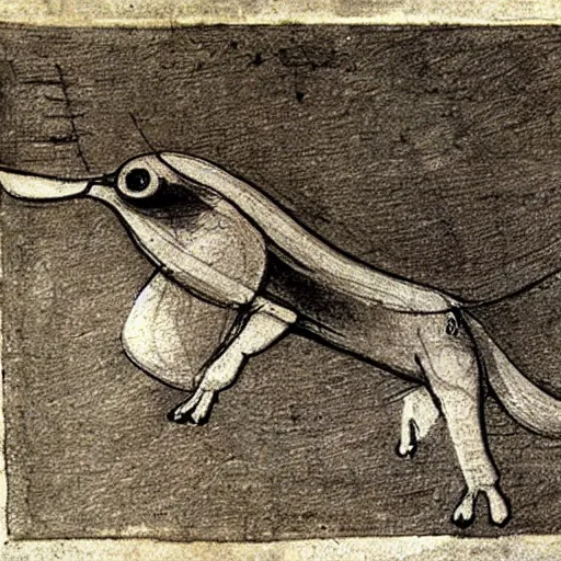 Image similar to leonardo da vinci sketch of a mechanical flying dachshund