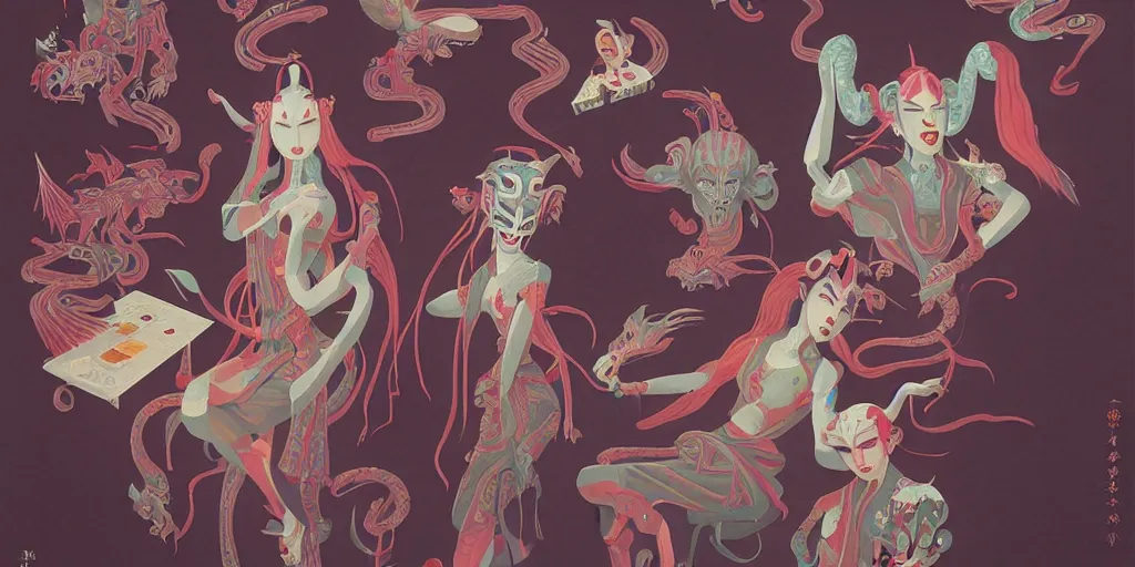 Prompt: breathtaking detailed concept art painting art deco pattern of yokai demons, by hsiao - ron cheng, bizarre compositions, exquisite detail, extremely moody lighting, 8 k