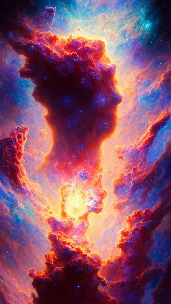 Prompt: psychedelic transcendent puffs! of smoke, space, supernova, nebulae, pillars of creation, enlightenment, high contrast lighting, highly detailed, concept art, art by collier, albert aublet, krenz cushart, artem demura, alphonse mucha