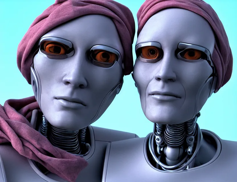 Prompt: cinematic bust portrait of robo! - cyborg!! granny, a scarf tied on the head, by jean giraud, trending artstaition, unreal engine
