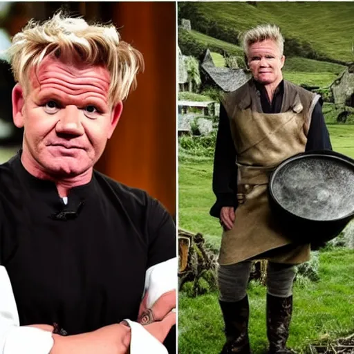 Image similar to gordon ramsay as hobbit in the shire