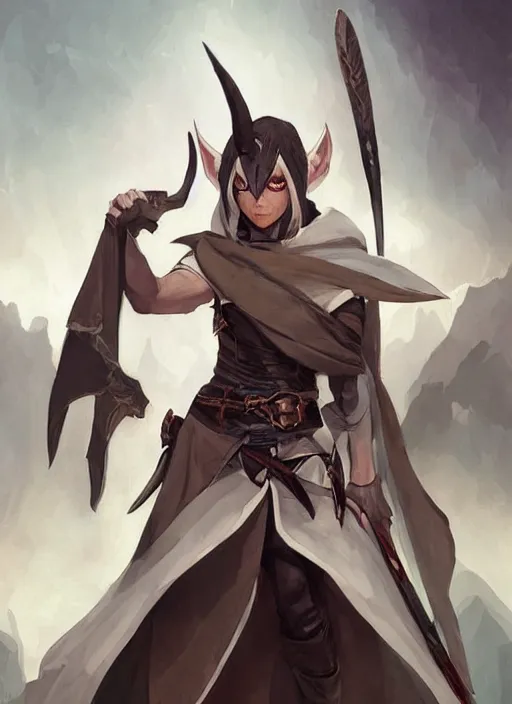Prompt: concept art painting of an assassin with brown skin and short white hair, demon horns, elf ears, blue tunic and robes, detailed, d & d style, cel shaded, in the style of ruan jia and artgerm and makoto shinkai and james gurney