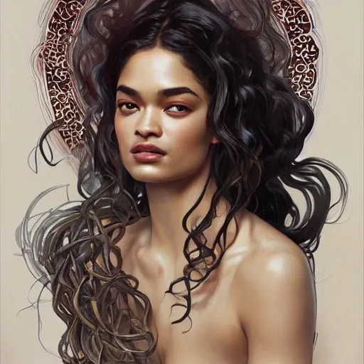 Image similar to Shanina Shaik as Medusa, intricate, elegant, highly detailed, digital painting, artstation, concept art, smooth, sharp focus, illustration, art by artgerm and greg rutkowski and alphonse mucha