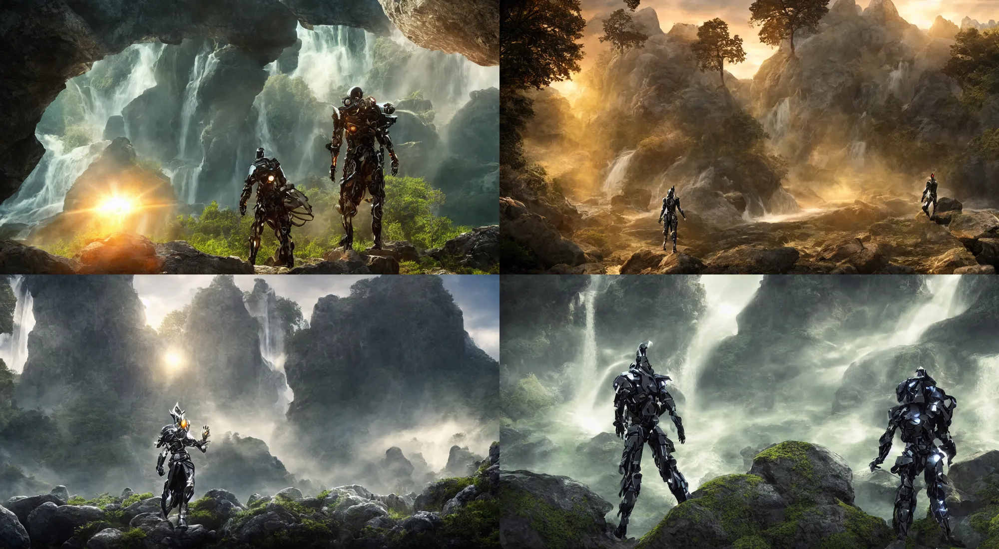 Prompt: futuristic humanoid warrior, full character, single character, cinematic, large scale scene, extreme wideshot, trees and flying huge rocks with waterfalls in the background with sunrise, dramatic back lighting, realistic