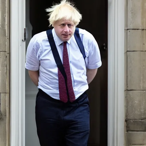 Image similar to boris johnson looking depressed while wearing a maid dress