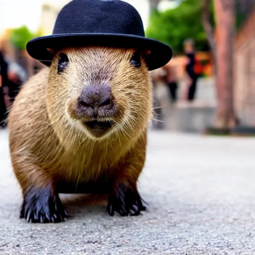 Prompt: tiny capybara wearing a mafia outfit, on the sidewalk, mafia hat, mafia tie, photo, wearing a hat