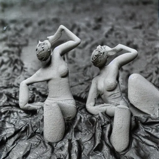 Prompt: melting dancers made of clay and mud on a tanztheater of nature, ultradetailled, ektachrome,