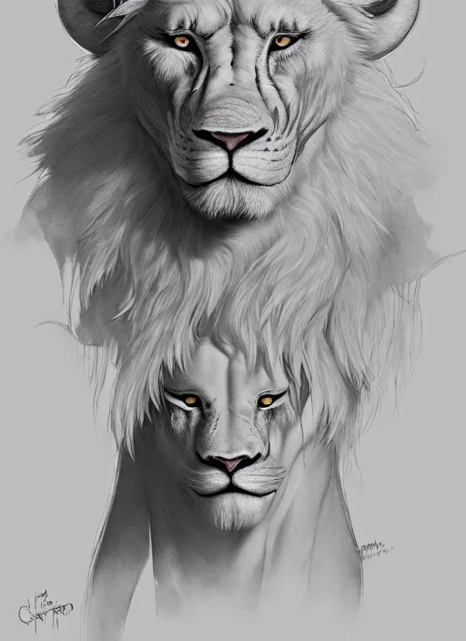 Image similar to award winning beautiful portrait commission of a male furry anthro albino lion wearing a burnt and torn tuxedo outfit with scarred face and scratches on his muscular belly with beautiful hyperdetailed face. Character design by charlie bowater, ross tran, and makoto shinkai, detailed, inked, western comic book art