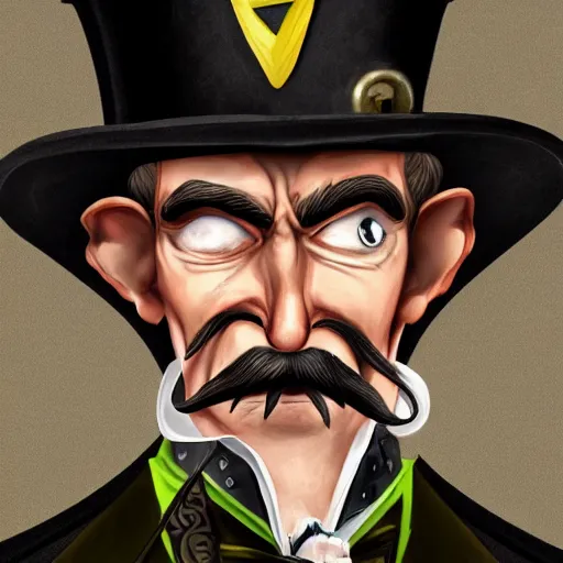 Prompt: a cartoonishly evil goblin, supervillain, top hat and luxurious moustache, portrait, d & d character portrait, victorian clothing, digital art, 8 k