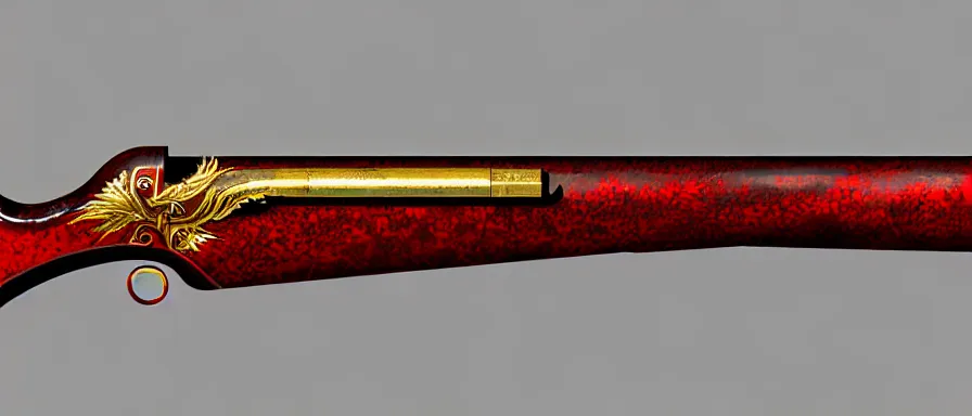 Prompt: a magical antique sawed - off double - barreled shotgun made from glossy red - painted wood and elements of gold metalwork, video game concept art