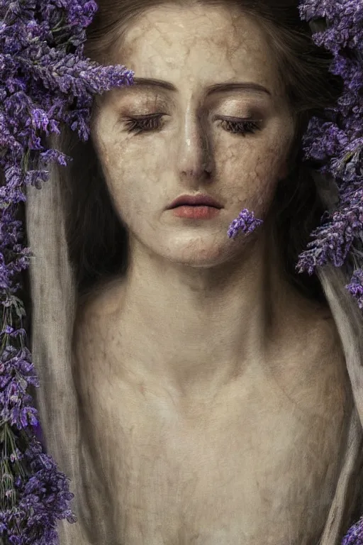 Prompt: hyperrealism close - up mythological portrait of a exquisite medieval woman's shattered face partially made of lavender flowers in style of art deco, wearing silver silk robe, dark palette