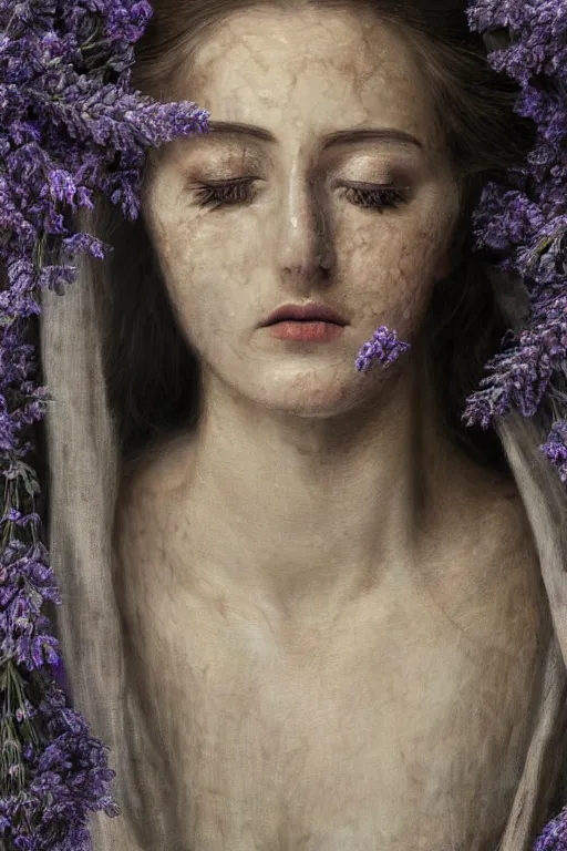 Image similar to hyperrealism close - up mythological portrait of a exquisite medieval woman's shattered face partially made of lavender flowers in style of art deco, wearing silver silk robe, dark palette