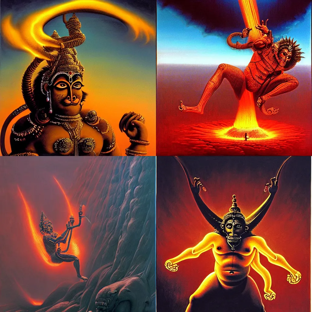 Prompt: Hanuman setting Lanka on fire in an epic dramatic scene from Ramayan , by Zdzisław Beksiński, by HR Giger, by Philippe Druillet, oil on canvas, masterpiece, detailed, dynamic, cinematic composition, beautiful lighting, view from ground, trending on artstation, top on pixiv, 8K, no frames,