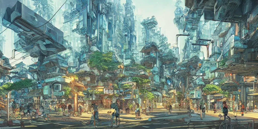 Prompt: colored ink illustration, futuristic organic city, everything made of wood, buildings are trees, group of teenagers hanging out on the street corner, futuristic environment, warm hazy forest floor lighting, cinematic lighting, octane render, sharp focus, clean shaped illustration by kim jung gi, studio ghibli, ric estrada, ron english and eiichiro oda