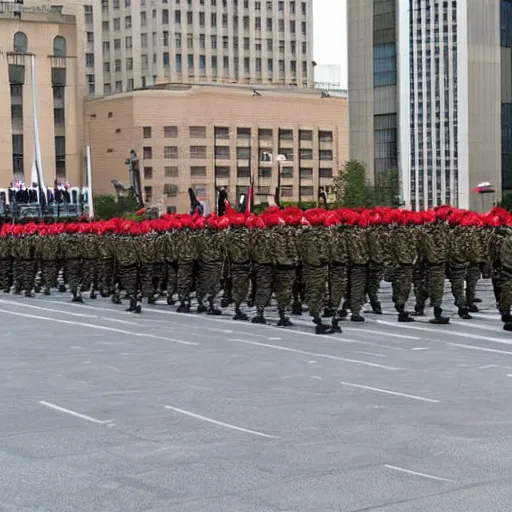 Prompt: army march in infinitia square in front of infinian de gowyernmentıa in government center during mother's day