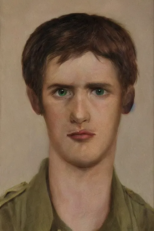 Prompt: Portrait of a Brown hair young male with an anguished face. Round green eyes, set handsomely within their sockets, watch delightfully over the country they\'ve defended for so long. A gunshot left a mark stretching from the bottom of the left cheekbone, first running towards his fairly big lips and ending under his left eye leaving a painful burden of his reckless luck. A true pioneer among goblins. He stands seductively among others, despite his light frame painted by Wayne Barlowe, Greg Rutkowski, zdislav beksinski, Francis Bacon, trending on artstation, artstationHD, artstationHQ, 4k, 8k