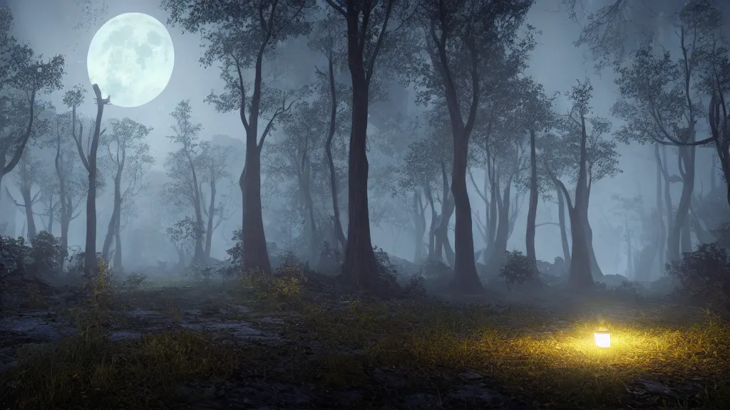 Prompt: unreal engine hyperreallistic render 8k highly detailed 4K fantasy matte painting of a spooky moonlit forest at night in october