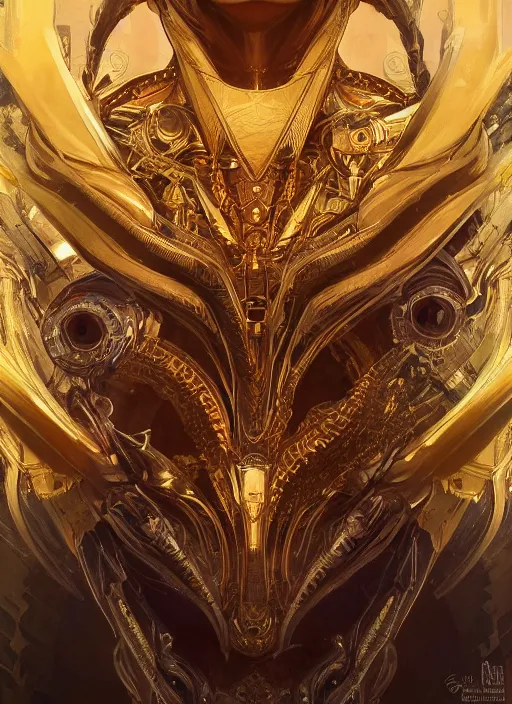 Image similar to symmetry!! portrait of gold alien in the style of horizon zero dawn, machine face, intricate, elegant, highly detailed, digital painting, artstation, concept art, smooth, sharp focus, illustration, art by artgerm and greg rutkowski and alphonse mucha, 8 k
