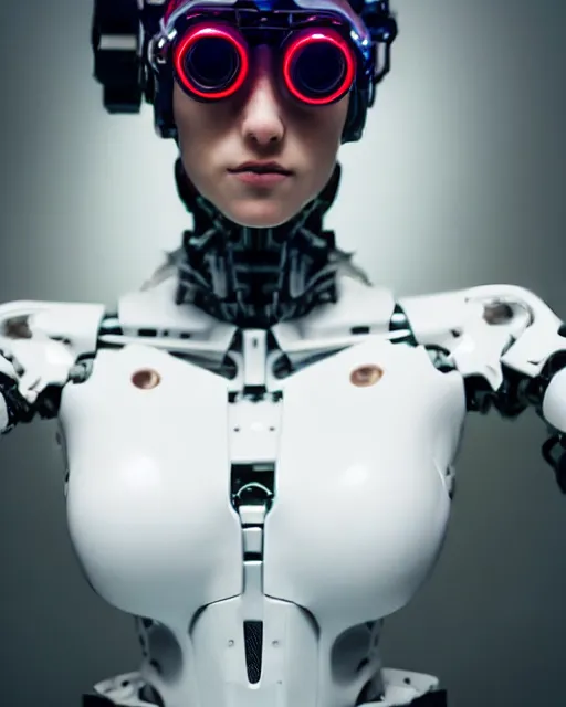 Image similar to low angle portrait photo by bouguereau of female dancer as a cyberpunk mecha humanoid robotic parts wearing goggles with led lights, inside white room, ultra - realistic and detailed, 8 k