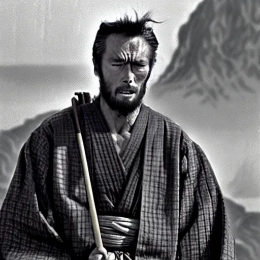 Prompt: clint eastwood as a samurai in seven samurai ( 1 9 5 4 ). grainy movie still