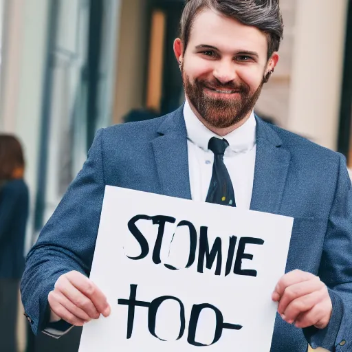 Prompt: a man wearing suite holding sign in his hands