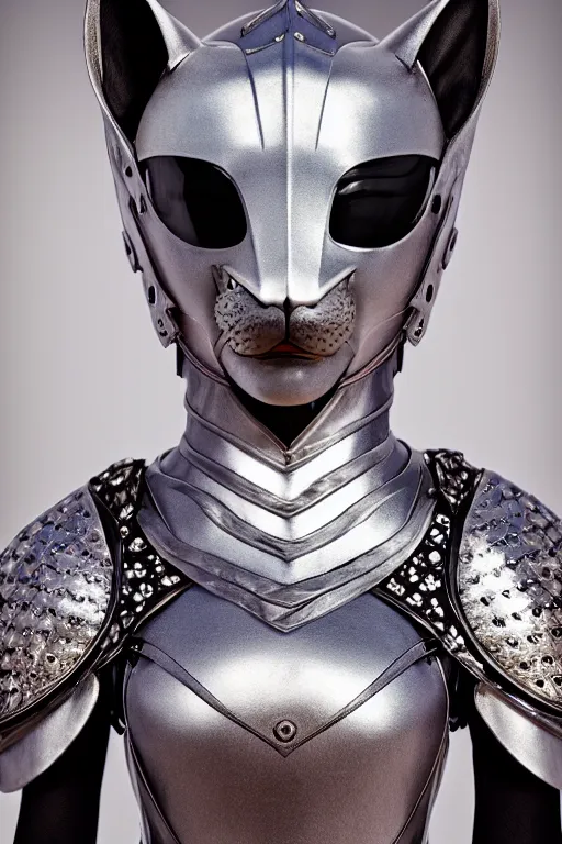 Image similar to female knight wearing a real cat on her head, armor designed by wayne barlowe, swarovski and tiffany, blonde hair, symmetry, sci - fi, cinematic, elegant, luxury, perfect light, perfect composition, dlsr photography, sharp focus, dark fantasy, 4 k, ultra hd, sense of awe, highly detailed, realistic, intricate