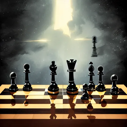 Prompt: dramatic illustrations of two chess players playing the destiny of the universe, dramatic surrounding, very detailed, contest winner on behance, behance hd, trendy on artstation