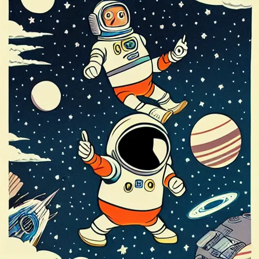 Image similar to colorful pixar, mcbess illustration, an astronaut drifting through space