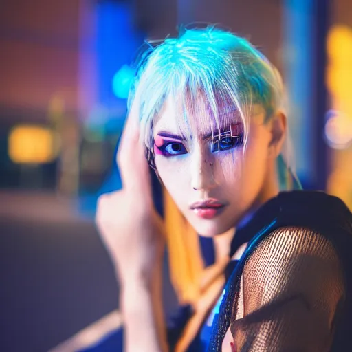 Image similar to a beautiful cyberpunk woman, canon eos r 3, f / 1. 4, iso 2 0 0, 1 / 1 6 0 s, 8 k, raw, unedited, symmetrical balance, in - frame