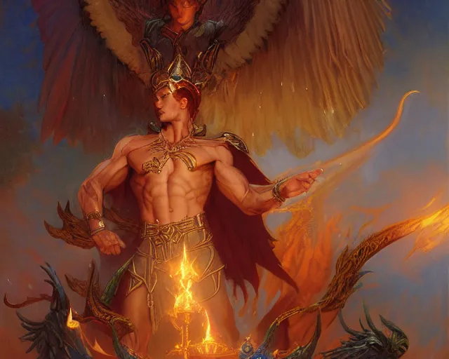 Image similar to attractive male deity, casting demonic magic, summoning handsome lucifer morning star. highly detailed painting by gaston bussiere, craig mullins, j. c. leyendecker 8 k