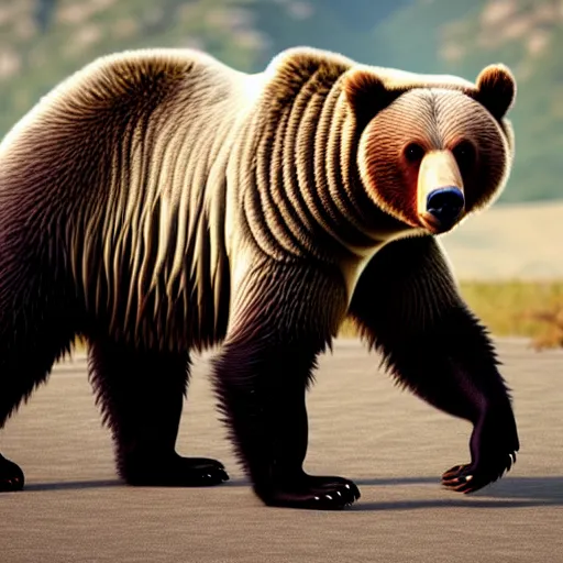 Image similar to a grizzly bear wearing a tuxedo walking on its hind legs, cinematic, realistic