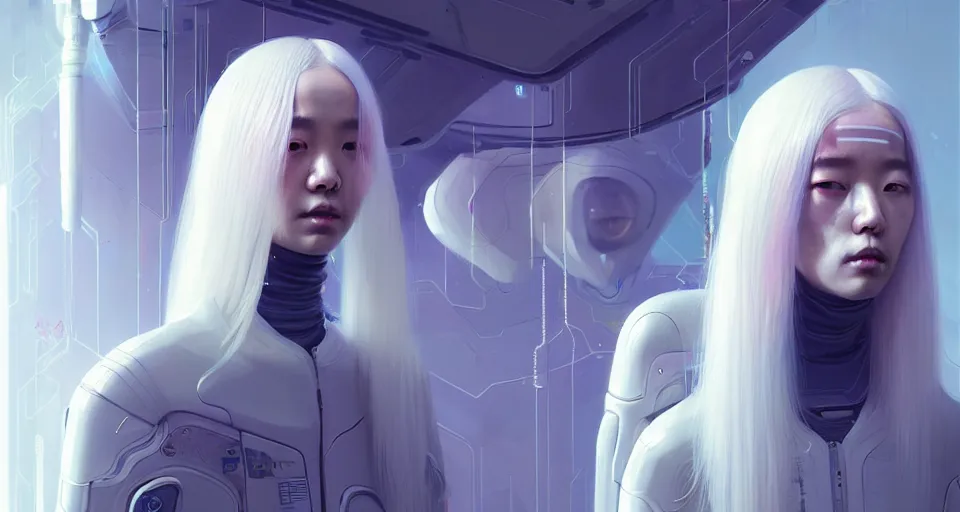 Image similar to portrait of yael shelbia and kang seul - gi, venus squid astronaut, white hair, intricate design details. cyberpunk symmetrical facial, by ruan jia and beeple. smooth gradients, deep space.