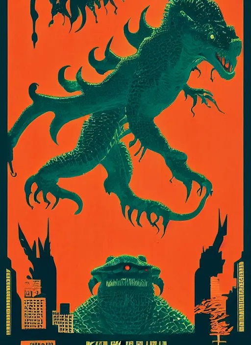 Image similar to Polish posters for kaiju film. Screen printed, silkscreen, textured