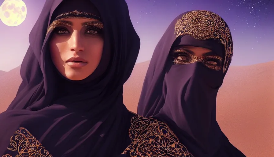 Image similar to Portrait of very very very very very very beautiful Arab woman wearing a Niqab, glowing magical eyes, energy trails, under giant full moon in the desert, intricate, elegant, highly detailed, digital painting, artstation, concept art, smooth, sharp focus, illustration, art by artgerm and greg rutkowski and alphonse mucha