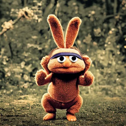 Prompt: a little brown karate loving ninja bunny that is a muppet wearing cool ninja clothes and practicing her karate out in nature, photorealistic, photography, ambient occlusion, rtx, national geographic, sesame street