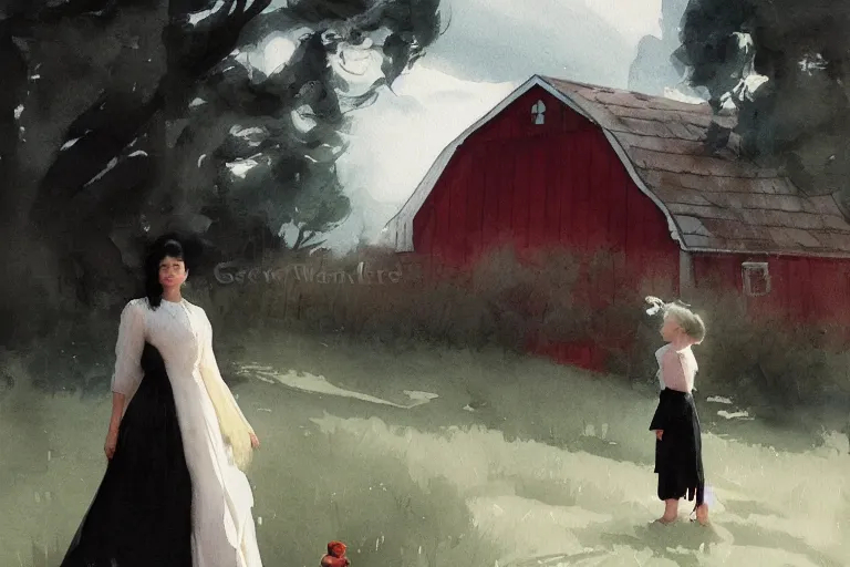 Prompt: a young woman in!! the shadow! of a red barn!. black hair, white! dress. small centered on watercolor paper, paint brush strokes,, cinematic light, american romanticism by hans dahl, by jesper ejsing, by anders zorn, by greg rutkowski, by greg manchess, by tyler edlin