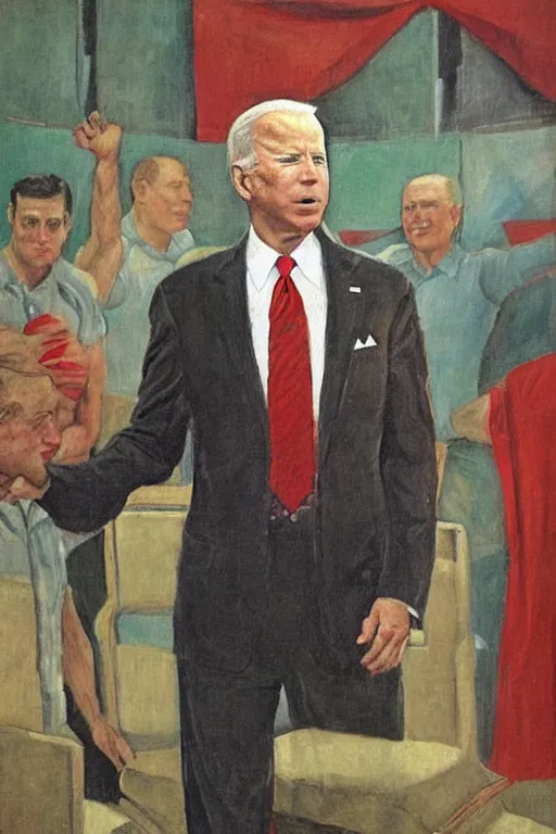 Image similar to Socialist realist painting of revolutionary leader Joe Biden by Isaak Brodsky, Highly detailed, full body portrait, masterpiece