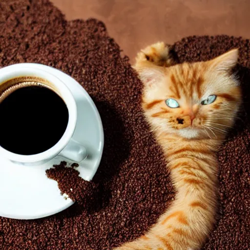 Prompt: Close-up photo of a cup of coffee that has a cute cat drawn into the foam on top