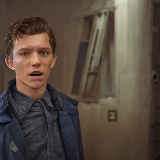 Image similar to tom holland as a rough dirty old man with a scruffy beard in a dark blue trenchcoat as the new doctor who, cinematic, volumetric lighting, f 8 aperture, cinematic eastman 5 3 8 4 film, photorealistic