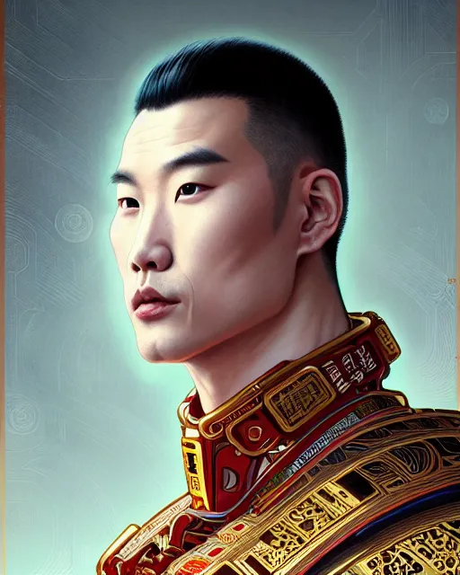 Prompt: portrait of a chinese masculine male cyberpunk machine, machine face, upper half portrait, decorated with chinese opera motifs, muscular, asian, fine china, wuxia, traditional chinese art intricate intense elegant 京 剧 highly detailed digital painting artstation concept art smooth sharp focus illustration, art by artgerm and greg rutkowski alphonse mucha 8 k