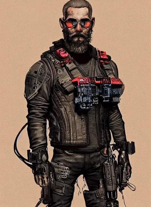 Image similar to menacing bearded cyberpunk mercenary in tactical harness and jumpsuit. dystopian. portrait by stonehouse and mœbius and will eisner and gil elvgren and pixar. realistic proportions. cyberpunk 2 0 7 7, apex, blade runner 2 0 4 9 concept art. cel shading. attractive face. thick lines.