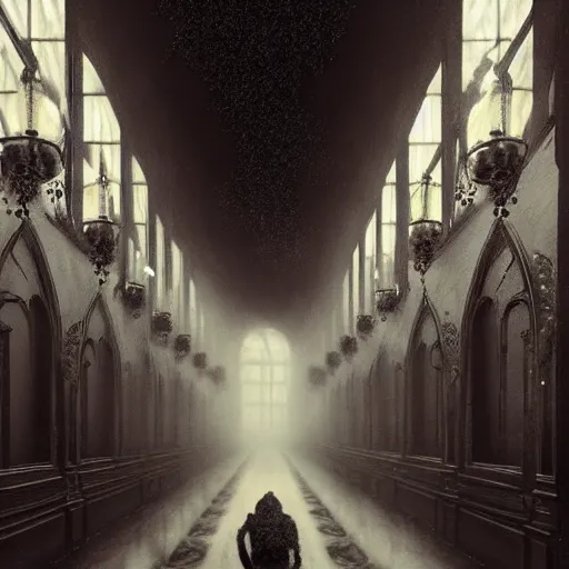 Image similar to a long hallway of mirrors. victorian interior, with many mirrors, spiders and spiderwebs everywhere, elegant design, haunting atmosphere, dark lighting, gothic, horror style, scary, swirling fog, volumetric lighting, by greg rutkowski, realistic, dutch angle,