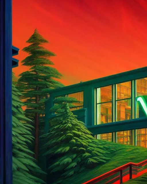 Prompt: a beautiful hyperdetailed illustration of building tundra by edward hopper, futuristic neon signs rainforest nature alien, archdaily, wallpaper, highly detailed, trending on artstation.