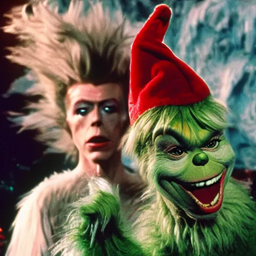 Image similar to David Bowie as The Grinch, live action movie, 70mm, 1968