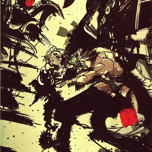 Prompt: a tight shot of a monkey attacking a child in Japan by Yoji Shinkawa and Ashley Wood, rule of thirds