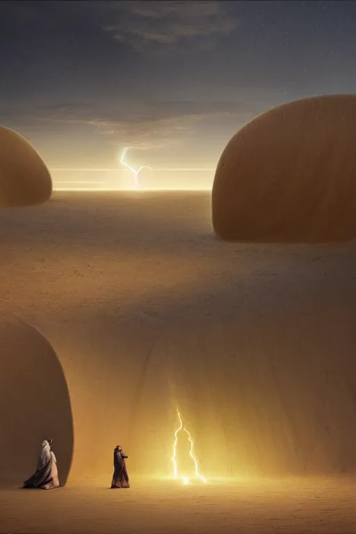 Prompt: a glowing magical portal inside a wave made of sand fantasy empty quarter desert, portal, a man watching over, sci fi, lightning, night, midnight, arabia, by caspar david friedrich by james gillard and justin gerard, artstation, smooth, sharp focus, by jean baptiste, bernardo bellotto