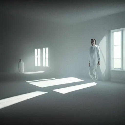 Prompt: colour comedy - empty white room by denis villeneuve and gregory crewdson style highly detailed faces many details by andrei tarkovsky and caravaggio in sci - fi style vibrant volumetric natural light rendered in blender and octane render