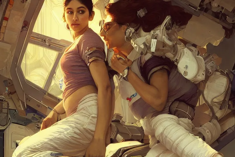 Image similar to Exhausted good looking pale young Indian doctors wearing jeans in a space station above Earth performing surgery, portrait, elegant, intricate, digital painting, artstation, concept art, smooth, sharp focus, illustration, art by artgerm and greg rutkowski and alphonse mucha