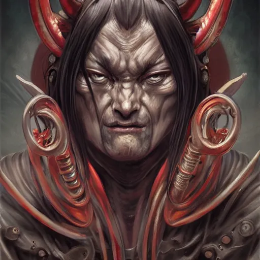 Image similar to portrait, cyberpunk japanese oni demon with horns, stern expression, long hair, highly detailed, digital painting, artstation, concept art, smooth, sharp focus, illustration, artgerm, tomasz alen kopera, peter mohrbacher, donato giancola, joseph christian leyendecker, wlop, frank frazetta