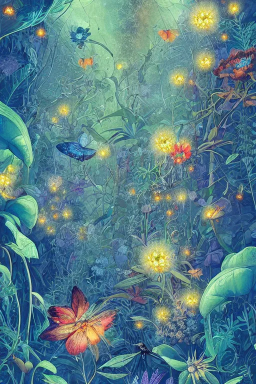 Prompt: beautiful digital matte painting of whimsical botanical illustration blue flowers fireflies enchanted background by android jones